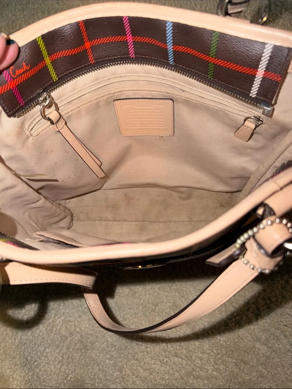 Coach Brown Plaid Tote with Pink Trim and Multicolor Lines